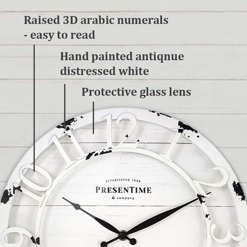Presentime & Co 13" Farmhouse Series Wall Clock, Quartz Movement, Shiplap Style, Raised 3D Arabic Numeral, Antique Distressed White - Image 3
